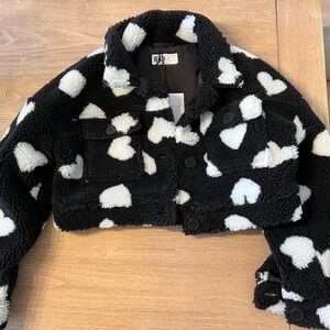 Beach Riot Black and White Heart Patterned Cropped Teddy Jacket